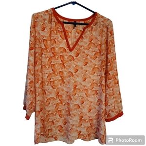 NYDJ Bohemian Orange Print Tunic Boho Long Sleeve Blouse ~ Women's Size Medium